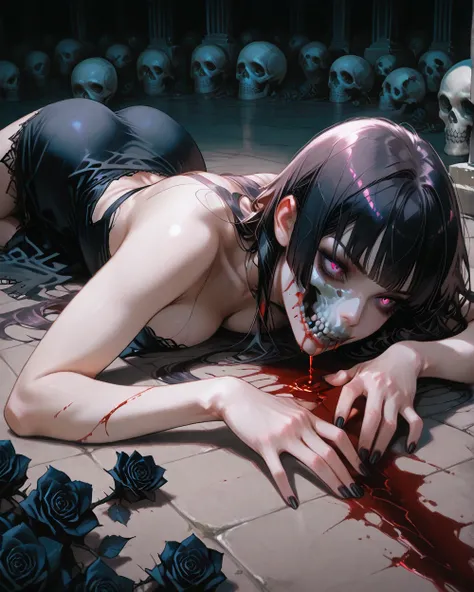 American plane, goth naked girl, naked girl, Skull on her face , black flowers in her hands, blood, sexy lying on the floor , roses. bottom: cemetery , crows,