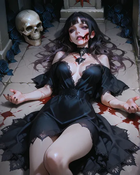 American plane, goth naked girl, naked girl, Skull on her face , black flowers in her hands, blood, sexy lying on the floor , roses. bottom: cemetery , crows,