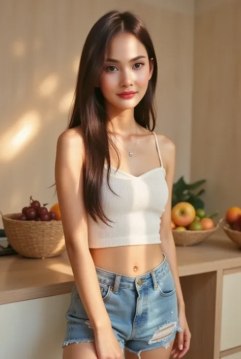 Close-up of a sexy Korean woman in a white crop tank top and shorts. She has a large, round, attractive chest as she stands amidst the sounds of a brightly lit kitchen. Her long hair is tied back like silk, and her ripped jeans reveal her waist. She is dre...