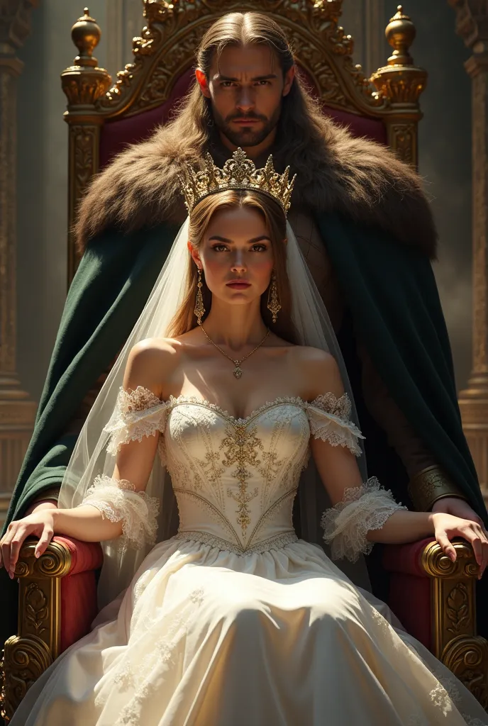 Caoimhe sitting on an ornate throne in a wedding dress, but with a sharp gaze and a crown slightly tilted on her head.
Eamon standing behind her, looking both protective and dangerous.