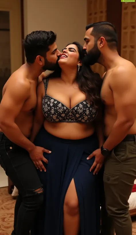 Full body image, top view Full body image, indian hourglass body, Indian plus sized 20 year old Telugu bride syamala, lovely face, suductive expression on face, she is biting her lower lips, large swooping breasts, wearing pushup bra, wearing highly embroi...