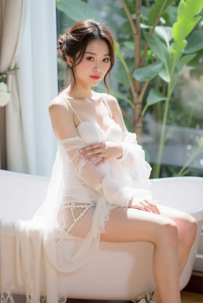 a young woman sitting elegantly on the edge of a white vintage bathtub. She is wearing a delicate white lace outfit with sheer, flowing sleeves, and the fabric drapes gracefully onto the floor. Her hair is styled in a loose, elegant updo adorned with small...