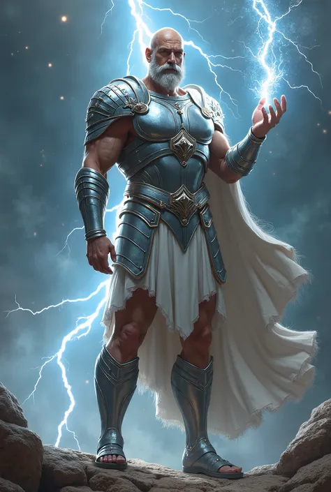 Zues holds a lightning bolt, skinny, shinning silver armor, sandal, bald, moustache