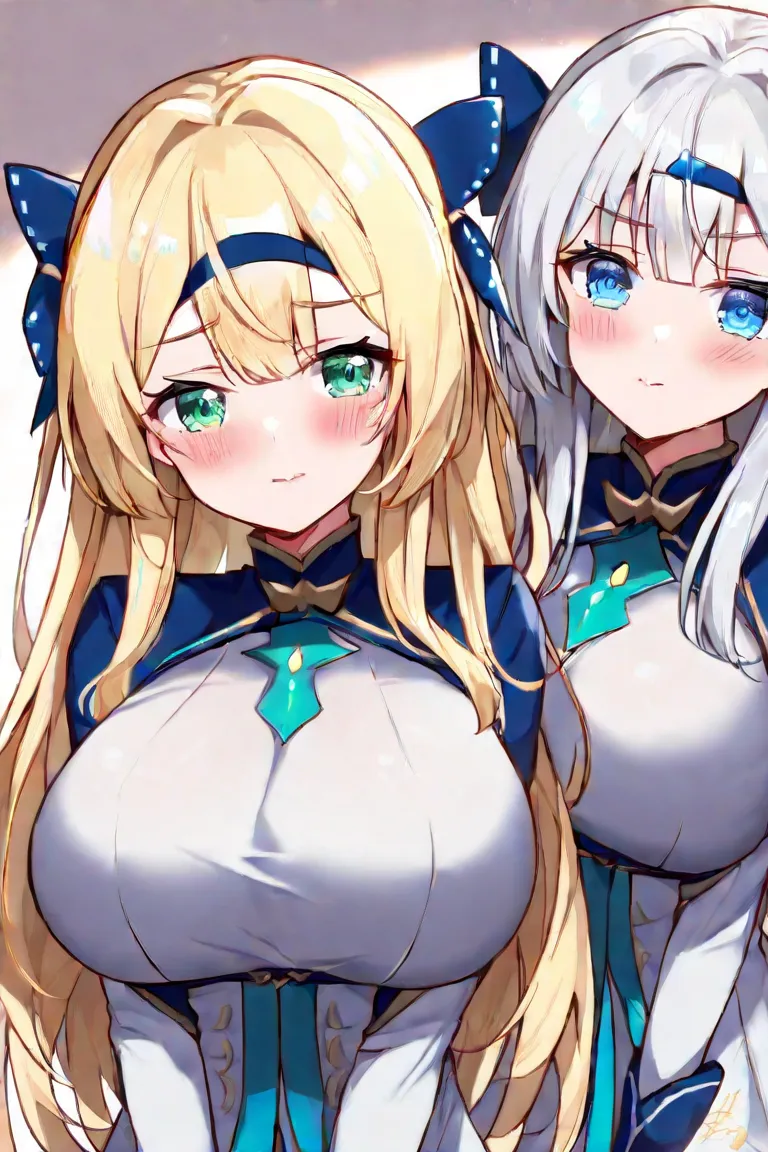  2 girls fighting back、 long blonde hair、 green eyes、Big Breasts、A pair of girls with short silver hair with hair ribbons on the left and right、 blue eyes、poor breasts、A girl with a headband-style bow hugs you from behind、 blush