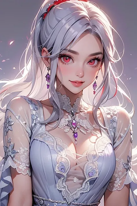 (     top quality,     masterpiece:1.2), (     Hi-Res ,  greatest     masterpiece ).(difficult).      Very Detailed with Crimson Hair    , (( exists :1.37)).  fantasy,      Illustration of   ,    Grey Hair    、    ((  red eyes :1.25)).  queen、 beautiful、  ...