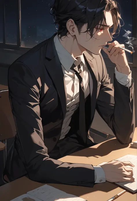 ( masterpiece,   high resolution ,   Superb),   alone, 1 male, A 30-year-old man  ,   handsome,  dark ,   black hair,   red eyes in small breasts,   sharp , dark,  suit,  a sluggish body,  broad shoulders,  thick neck , Classroom, night, cigarette, book,  ...