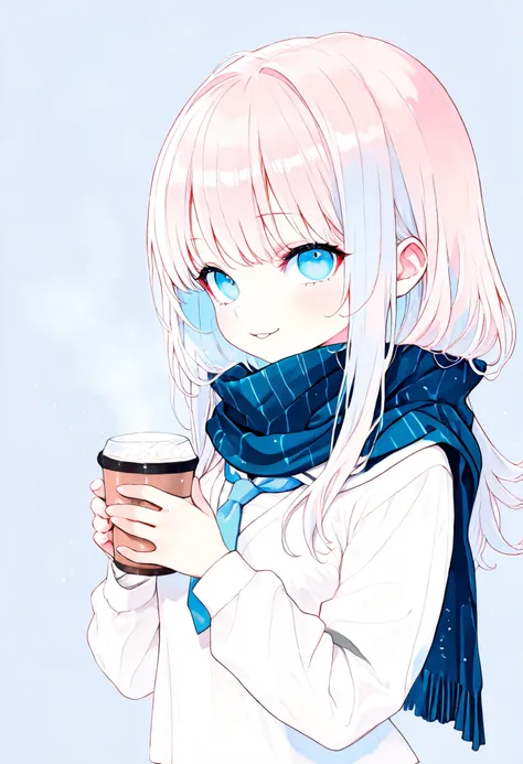 ((traditional media)),((Soft touch)), ((flat color)), Hold a cup with both hands ,Scarf , Uniform, hot drinks, Upper Body , naughty face ,very beautiful face ,Beautiful scenery, very beautiful profile, small breasts, (petite),(curvy), Shiny hair, light par...