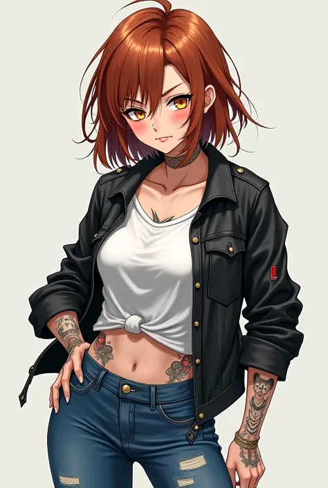 A radical ager,  anime style, rebellious girl,  brown hair,  golden eyes,  Clear skin,  black jacket,  white t-shirt, Jeans azul,  body tattoos.
