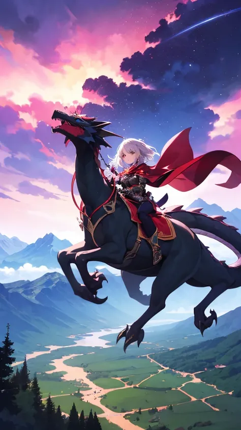 "A brave woman riding a majestic dragon over a vast, mystical landscape. The dragon has shimmering emerald-green scales, and the woman is wearing intricate armor with a flowing red cape. The sky is filled with glowing, magical clouds as they soar above a d...