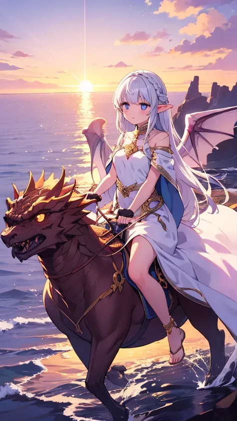 "A serene scene where a gentle, elven woman rides a golden dragon through the sunset sky. Her long, silver hair is braided, and she wears an elegant, flowing white gown. The dragon’s wings are wide and ethereal, with soft golden light illuminating the scen...