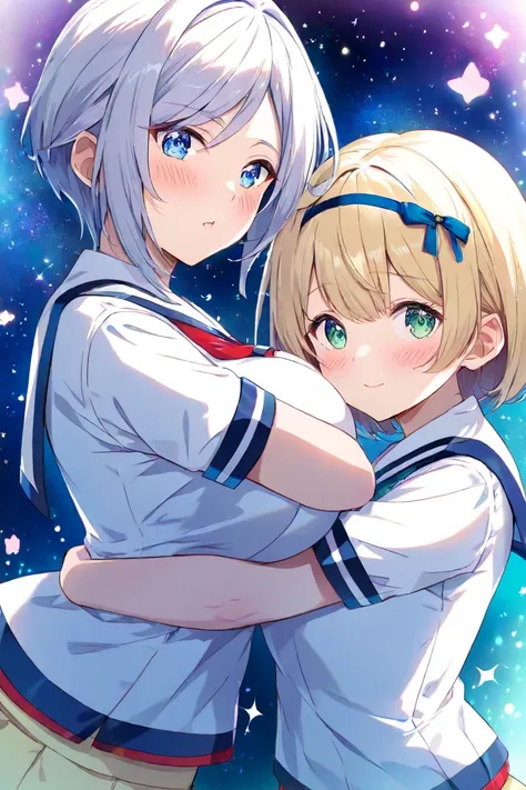 （Girl 1： long blonde hair、 green eyes、Big Breasts、A pair of hair ribbons left and right）To（Girl 2： silver hair, short hair、 blue eyes、 small tits、hair band style ribbon） hugs him from behind 、 blush、 starry sky 、 sailor suit