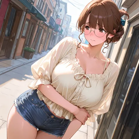 Shy overweight and voluptuous girl walks down the street dressed in super tight denim shorts and a blouse. He has round lenses and curly tied hair. Try to cover yourself with your hands because of the looks