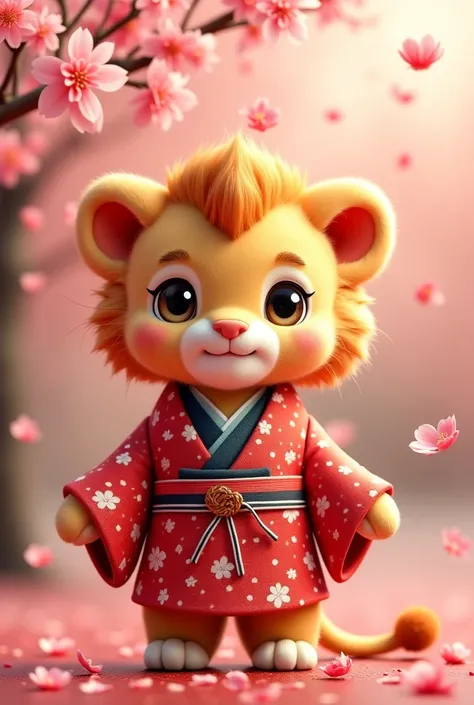 An affectionate baby lion with big bright eyes, very cuddly in traditional Japanese attire celebrating Valentine's Day.