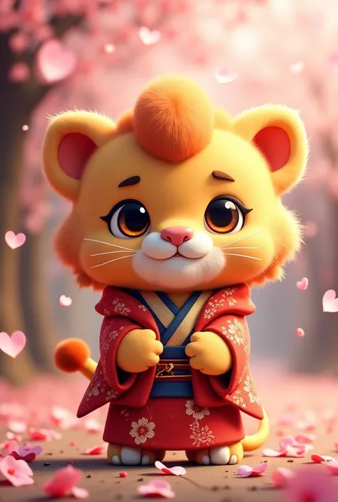 An affectionate baby lion with big bright eyes, very cuddly in traditional Japanese attire celebrating Valentine's Day.