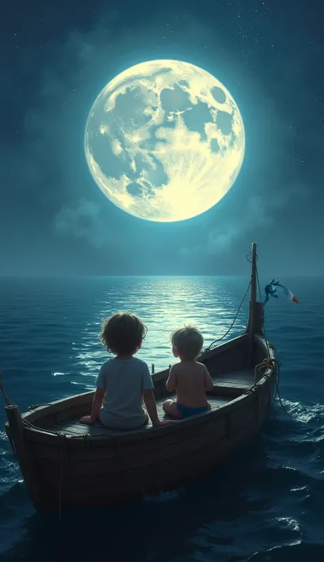 Young toddlers watch on the boat watching the spectacular view of the moon appearing in a burst of light in the ocean