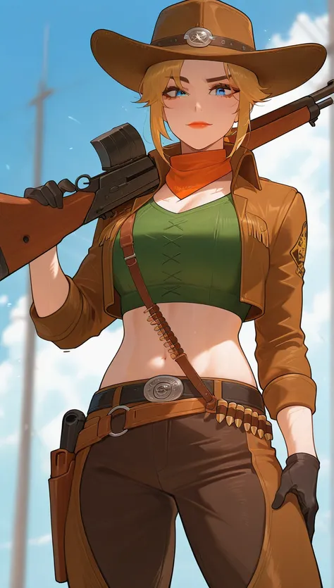 Detailed face,Blonde girl with blue eyes, crop top cowboy outfit , big , thick eyeliner, thick eyebrows, half smile, holding an M1 Garand Rifle, holster, eyelashes, raising right eyebrow, botox lips, wearing bandolier, gunslinger, old western settings ,cow...