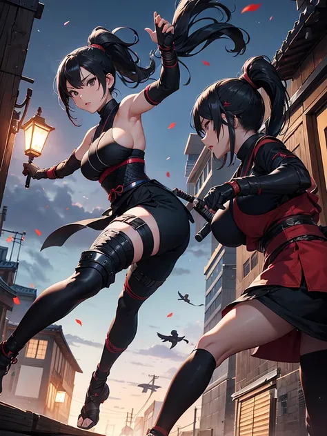 Female Ninja、 Kunoichi、 Edo period、 big breasts、 Slim waist、Night in the city、Aiming at enemies with blowguns from the roof、 ponytail、 black eyes、 black hair shortcut to raise both hands and legs