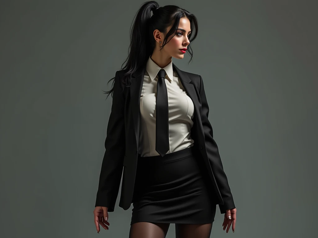 Tall mature woman long black hair with ponytail and strands of hair on forehead with huge breasts with suit and tie black skirt and dark tights body with seductive curves and a volume of dick under short black skirt 