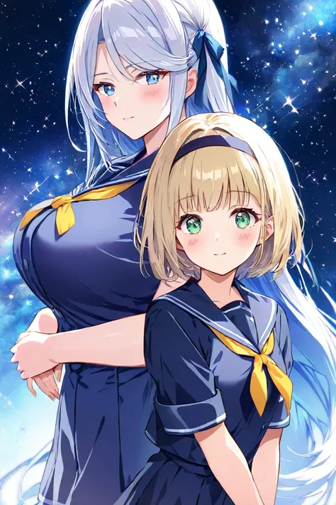 （Girl 1： long blonde hair、 green eyes、Big Breasts、A pair of hair ribbons left and right）To（Girl 2： silver hair, short hair、 blue eyes、 small tits、hair band style ribbon） hugs him from behind 、 blush、 starry sky 、 sailor suit