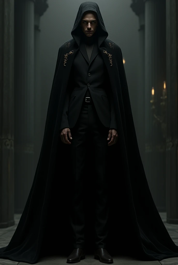 Create a male character with an enigmatic aura. His silhouette is tall and slender, wrapped in an impeccable long black velvet coat with subtle gold embroidery. His face, partially illuminated,