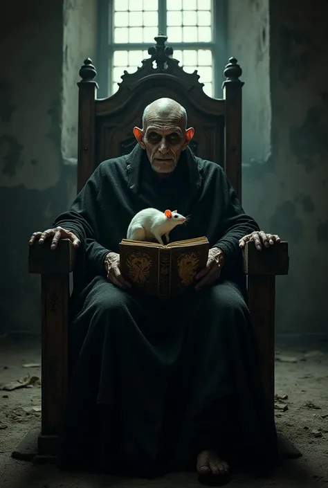 
A sinister old man with deep wrinkles and hollow, piercing eyes, sitting on a large, gothic wooden chair in a dark, decayed room. His skin is pale, stretched over sharp cheekbones, and deep scars run across his face. He wears a long, tattered black robe i...