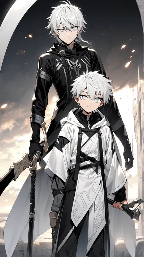 Here is the depiction of the 15-year-old male manga character with white hair, white eyes, holding a reaper, and wearing white traditional assassin clothing. 