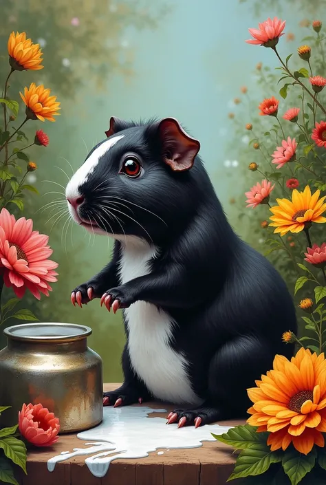 a black guinea pig painting its entire body with a pot of white paint, surrounded by nature and beautiful flowers