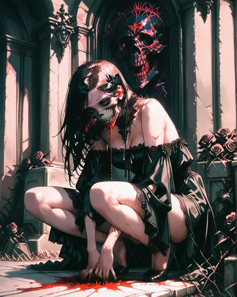 American plane, goth naked girl, naked girl, Skull on her face , black flowers in her hands, blood, sexy squatting , roses. bottom: cemetery , crows,