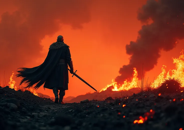  In a landscape devastated by fire ,  a lone warrior walks among the burning ashes .  His dark silhouette is cut against a sky dyed red and black that ,  where smoke and embers still float in the air . His cloak,  torn by battle ,  flutters in the wind whi...