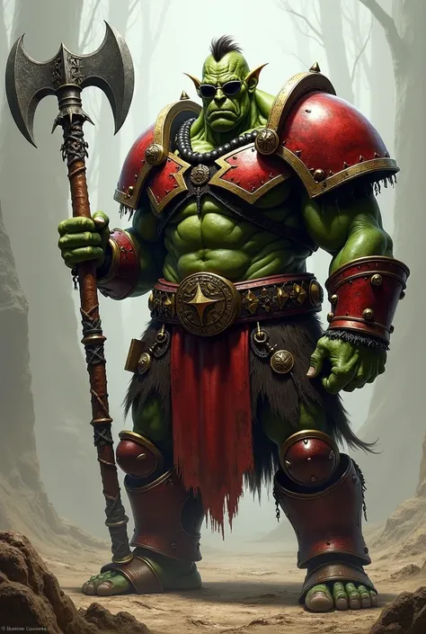 A green orc wearing red battle armor , black sunglasses and a battle axe as a weapon profile picture