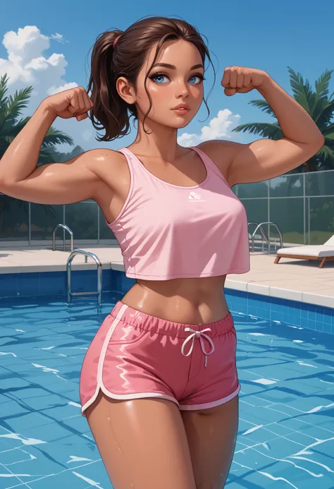 Dominic, rathing_questionable , brunette tanned, thick eyelashed, nice eyebrowed, plastic lips, brown ponytail, blue eyes, thick legged, plastic breasted ,Walking along the edge of the hotel rooftop swimming pool. (Cropped swim tank top) (pink swim short...