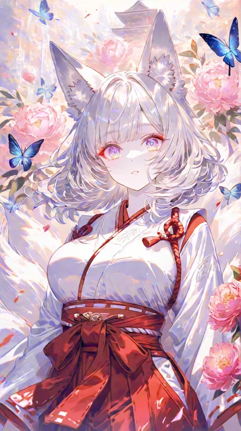 (( top quality)), (( Masterpiece)), ( Details) fox ears,The coat of platinum,10 tails,lady, medium hair, red eyeliner, with irises eyes, wide-eyed, eyes half-closed, looking at viewer, athletic, pale skin, orange shrine maiden costume, Red Hakama, towering...