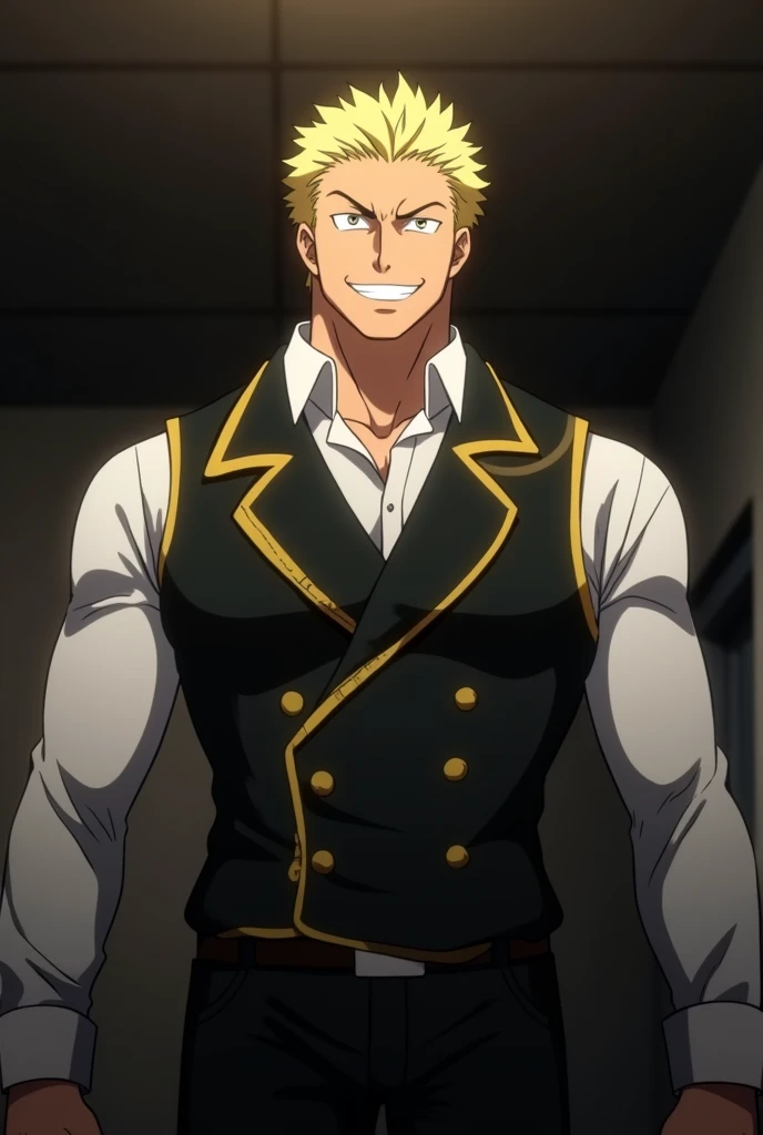  Create a screenshot of the anime My Hero Academia, man with great muscles ,  blonde hair brushed back, Caucasian skin,  his eyes cannot be seen by a shadow , He is smiling,  wears a White Shirt ,  a black vest and gold details ,  It is found in dark room 