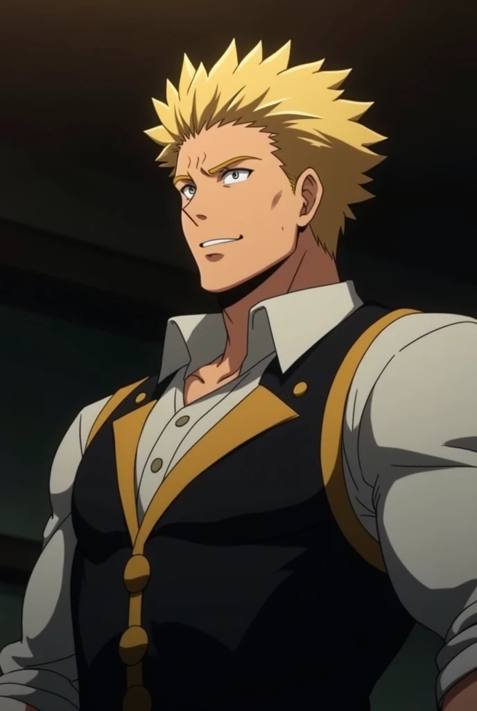  Create a screenshot of the anime My Hero Academia, man with great muscles ,  blonde hair brushed back, Caucasian skin,  his eyes cannot be seen by a shadow , He is smiling,  wears a White Shirt ,  a black vest and gold details ,  It is found in dark room 