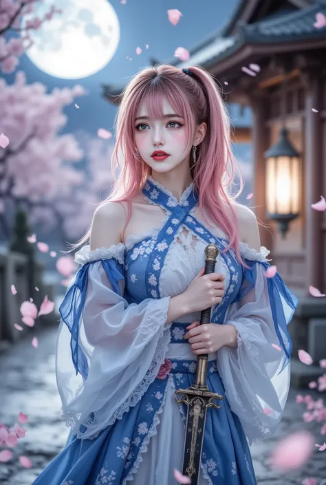 photorealistic,A beautiful girl with long pink hair in a half ponytail wears an elegant blue and white outfit, holding a finely crafted sword. She stands gracefully in a fantasy landscape with cherry blossom petals floating around her. The background featu...