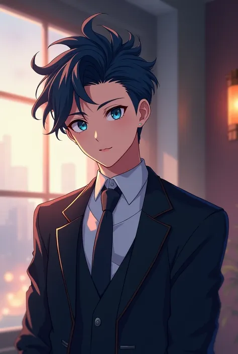 25-year-old anime boy with black hair and a blue tuft and a waiter's suit and with navy blue eyes 