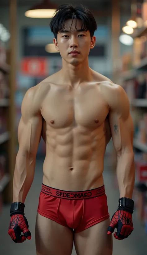 Handsome and sexy Korean tenageer, young, boy, shirtless, Spidermam underwear open on one side and showing his sixpack abs, muscular, sixpack, young, front view, Korean idol, biceps and triceps, Spiderman gloves, photo realistic, realistic, 8k, UHD, sexy, ...