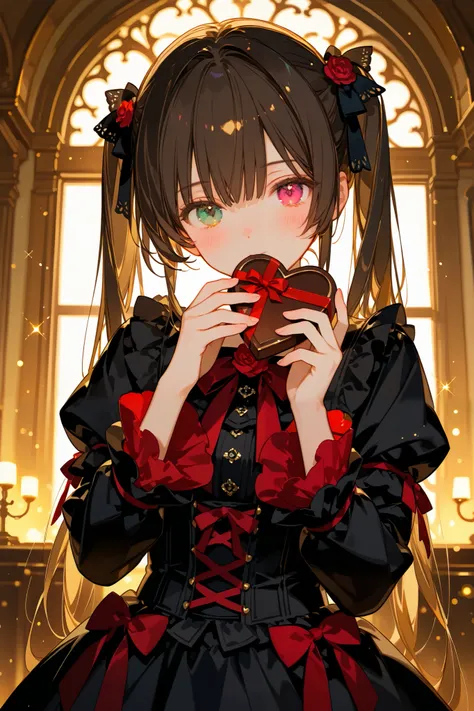 1girl, gothic dress, red and black frills, twin tails, heterochromia, holding chocolate, valentine theme, antique chocolate shop, warm lighting, golden glow, elegant background, baroque style, detailed textures, romantic atmosphere, luminous sparkle, bloom...