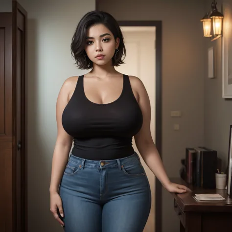 Dark photo style, a brown skin shy awkward short cute slightly chubby Mexican chola emo , short slightly wild hair, cute detailed brown eyes, cutely detailed lips, cute highly detailed face, huge voluptuous sagging breasts, thin thighs, chubby hips, wearin...