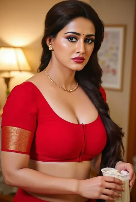 Busty woman,red designer blouse and red designer transparent saree, bedroom background,lamps in wall,picture in background,deep clevage,having milk in hand,sexy face,blue lusty eyes,navel chain, standing in bedroom,red lips, black eyeliners,black eyelashes...