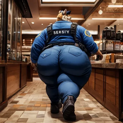 1 adult, male puma, he's fat, has a massive butt (bigger), fat arms and legs, is wearing a security uniform, pants, the puma is standing inside of a coffee store, is walking