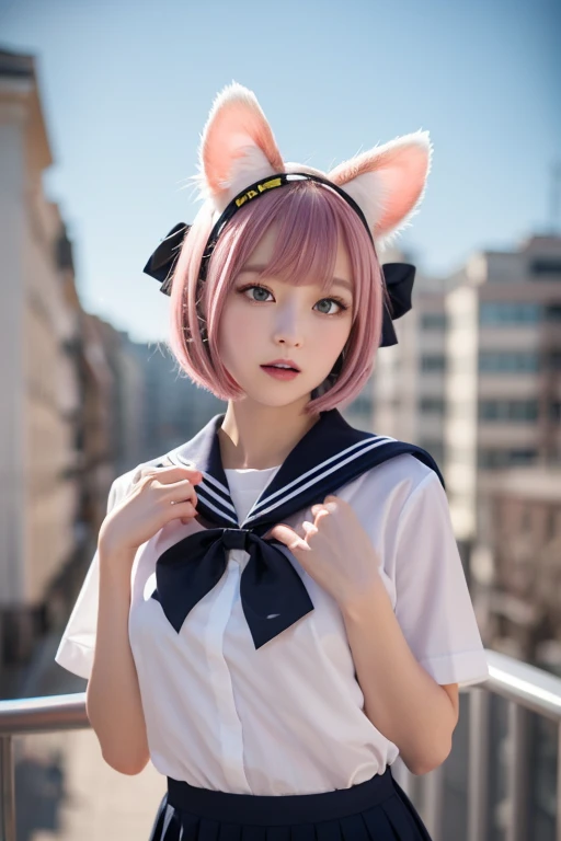  ski style,  One Girl , Alone,  pink hair,  animal ears ,  blue eyes, Wings,  looking , bangs,  short hair, bow,  sailor color , white  sailor color , hair bow, pink bow,  Closed Her Mouth ,  shirt, white  shirt, bear ears,  bob cut, Mini Wing,  portrait, ...