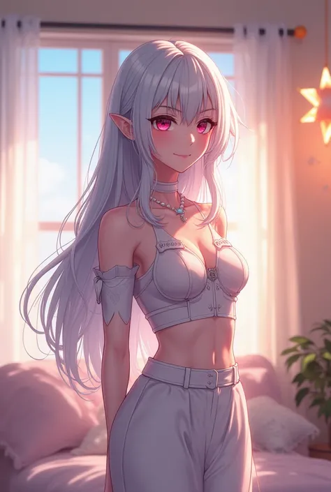 

 Aparência:  A heavenly VTuber with a refined and adult anime style .  She has long silver hair with a subtle sheen ,  falling softly in elegant waves .  Her eyes are of a vibrant pink hue ,  expressing confidence and serenity , Without traces is .

 Exp...