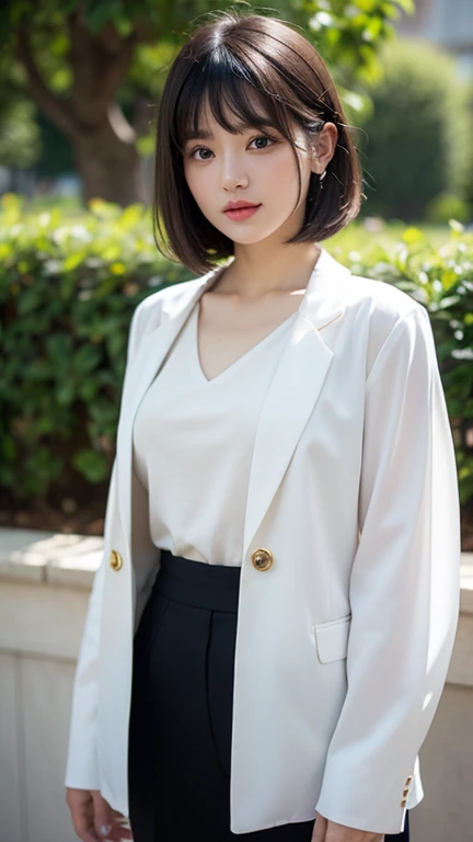 short cut young woman、 natural atmosphere、Neat and intelligent impression 。 short hair with light layers in black hair、 with bangs。 The skin is transparent 、 natural makeup。 with a gentle yet confident look 、 looking at camera。 attire is a stylish suit in ...