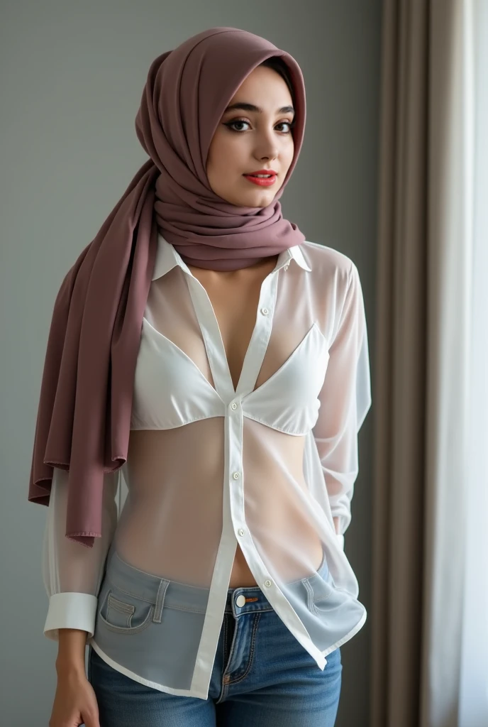 Girl wears scarf, Hijab.  A thin and soft waist , She has proportional erect boobs and a big sexy and tight ass. Posing in front of the mirror. From two meters behind we see her sexy ass , their breasts are reflected in the mirror. The shirt she is wearing...