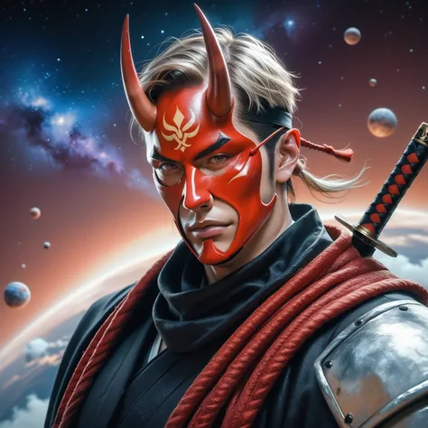 Score_9, score_8_up, score_7_up, source_real, photorealistic;; 1man, solo;; samurai, red oni mask, metal samurai armour, large black Katana, encrusted in frost, floating adrift in space, horsehead nebula in background 