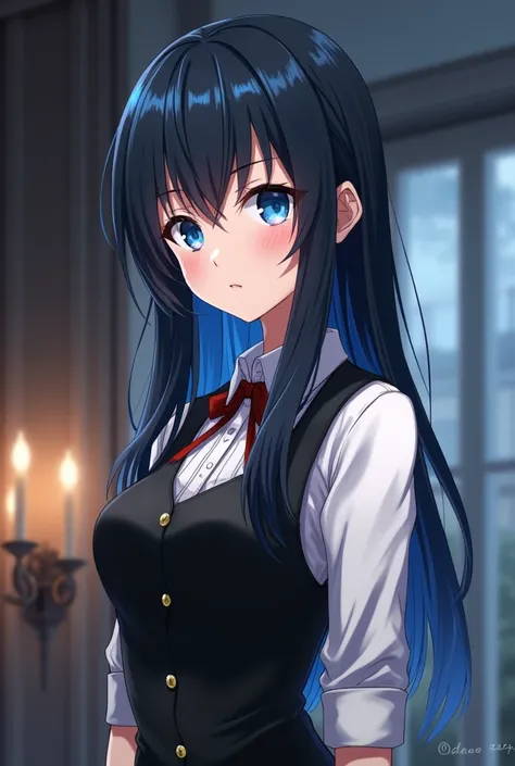 Adult anime with black hair and blue reflections and blue eyes and wearing a waiter's costume 