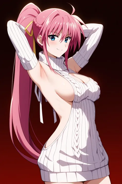 masterpiece,best quality,{{detailed beautiful face and eyes}}, very detailed background,
Signum,{{{megami magazine}}},long hair,pink hair,ponytail,hair ribbon,yellow ribbon,hair between eyes,blue eyes,half closed eyes,medium breasts,
((virgin killer sweate...