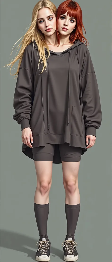 Two-headed kristen stewart, full body, light makeup, one head with long blonde hair, one head with pixie cut red hair, one head wearing a beanie, (pixie cut), woman, smiling, wearing oversized hoodie, short yoga shorts, tights, fission