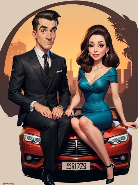 a cartoon caricature of a couple in formal attire sitting on a car, caricature style, caricatural, caricature illustration, caricature, caricature!!!, charicature, cars portraits, alarcon caricaturista, professional illustration, nft portrait, cartoon port...